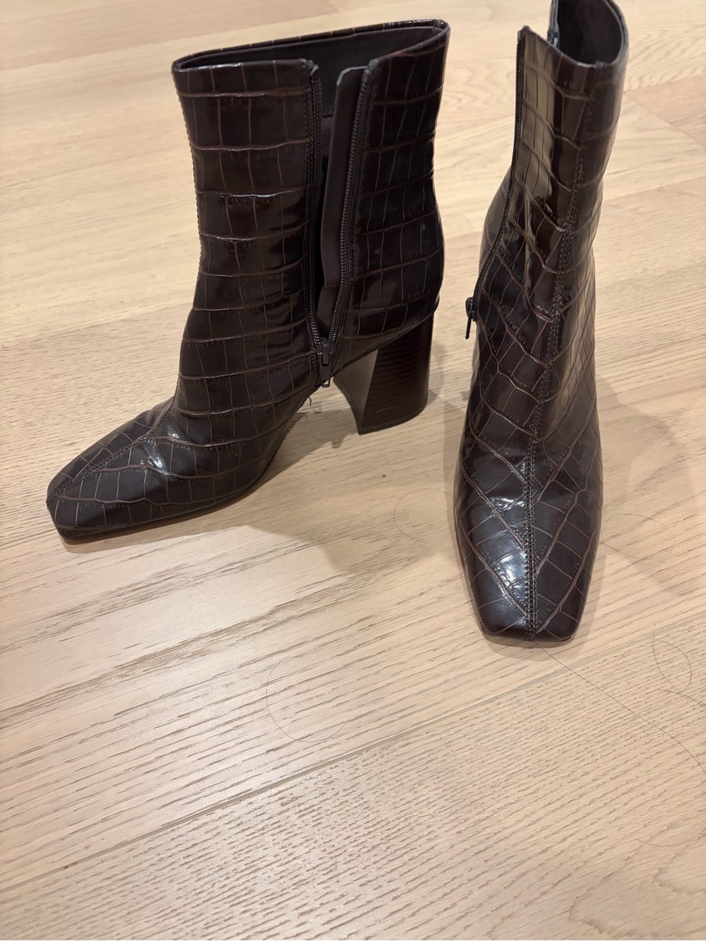 Mango Croc-Embossed Square-Toe Ankle Boots in Dark Brown